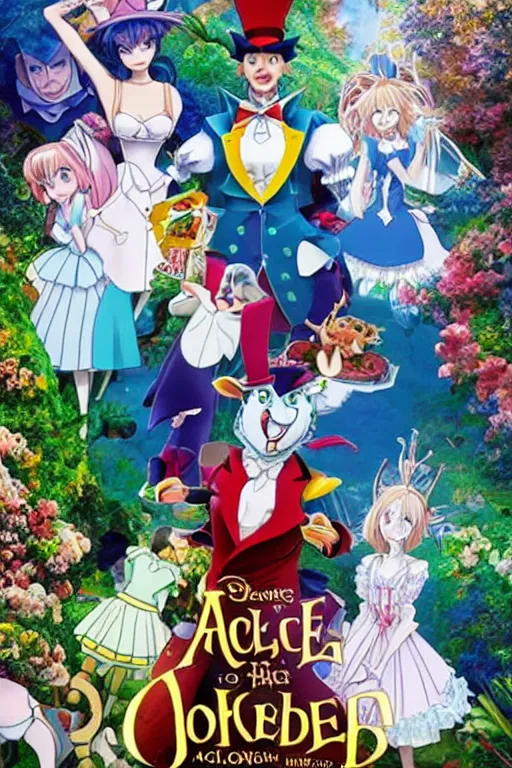 Image similar to Promotional poster from the new Alice in Wonderland anime remake where all the characters are anthropomorphic animals dressed in human clothes. Alice is in the foreground. Layered multiple character pose