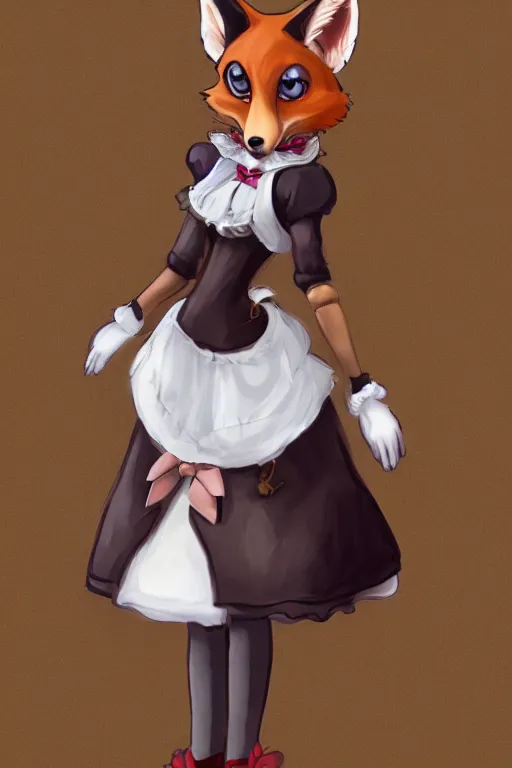 Image similar to a fox fursona wearing a maid outfit, highly detailed, digital art, trending on artstation, furry art