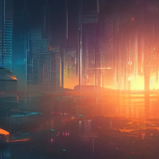 Image similar to cyberpunk world based on an island with sunset behind it