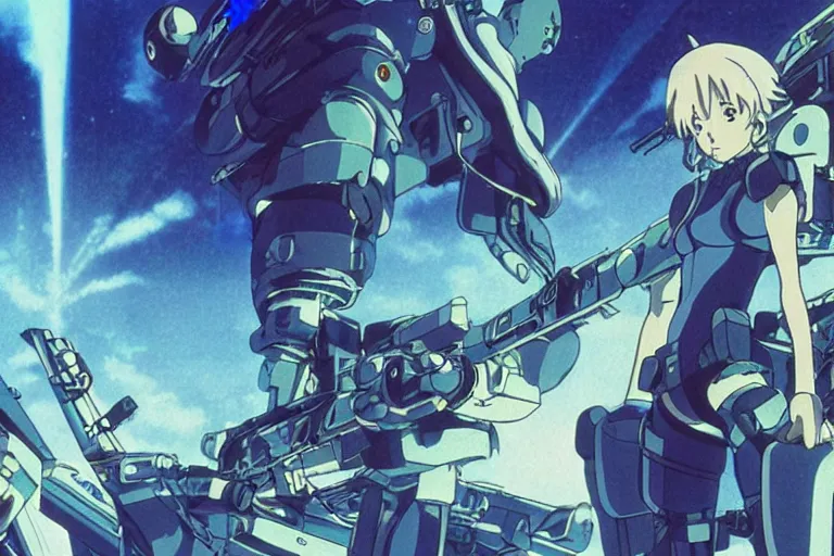 Image similar to still from anime sci-fi movie by Studio Ghibli, illustrated by Masamune Shirow