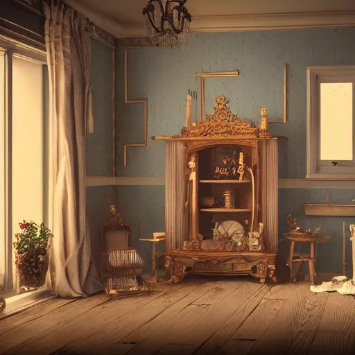 Image similar to photo of a Victorian dollhouse, interior view, extreme details, soft lighting, crepuscular rays, realistic octane render, 8k