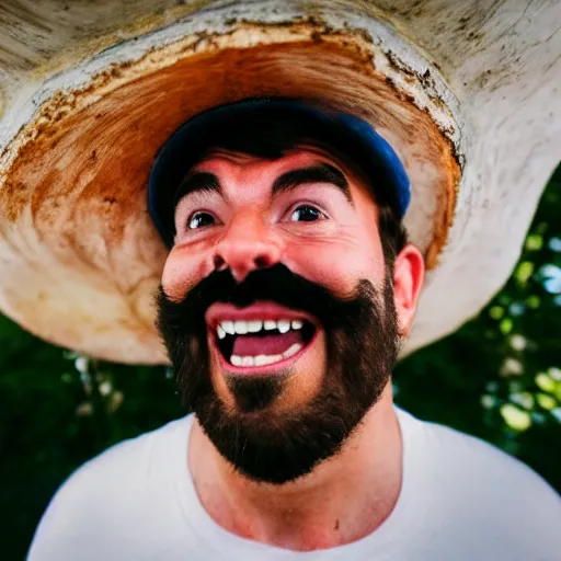 Image similar to photo of real life mario finding a giant mushroom, exhilarated, portrait, closeup. mouth open, 30mm, bokeh