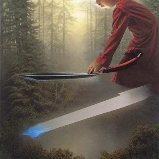 Image similar to a disappearing running child holding scissors in hand disappears evaporates dissolves into vapor, mist, smoke, blood drops and spatteer, a detailed matte painting by John Philip Falter and Jason Edmiston