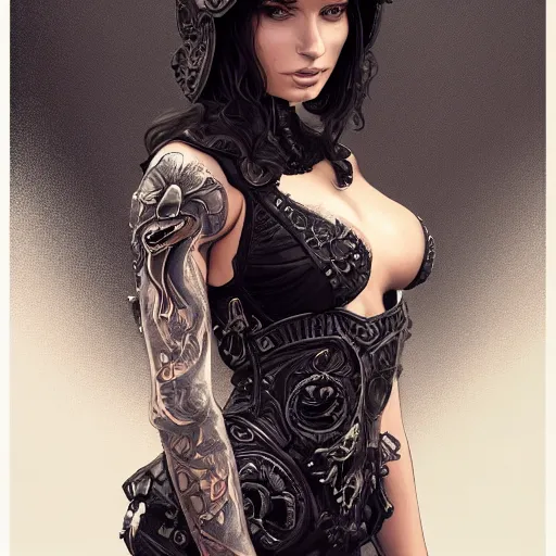 Prompt: an attractive young tattooed female wearing an black ornate metallic helmet, emily ratajkowski, olive skin, long dark hair, beautiful bone structure, intricate, elegant, highly detailed, digital painting, artstation, concept art, smooth, sharp focus, illustration, art by artgerm and greg rutkowski and alphonse mucha