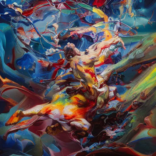 Prompt: jackson pollock painting, abstract chaos art, fantasy, hd, volumetric lighting, 4 k, intricate detail, by jesper ejsing, irakli nadar