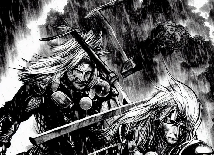 Image similar to thor with blond hair catches lightning and holds an ax in an epic battle with storm clouds with faces monsters by tsutomu nihei, black and white, epic battle background, comic, cinematic