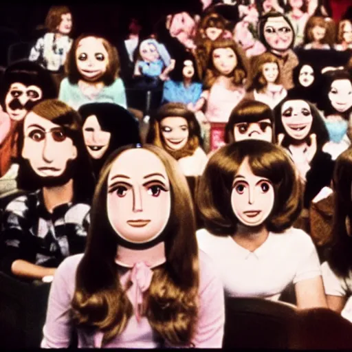 Prompt: a teenage girl with an inflatable cartoon head goes to high school live-action john waters film 1974 technicolor