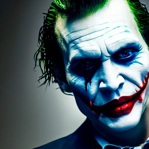 Image similar to stunning awe inspiring johnny depp as the joker movie still 8 k hdr atmospheric lighting