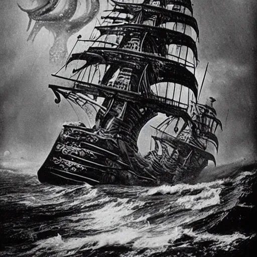 Prompt: an impossibly huge pirate ship, being attacked by a kraken, giant tentacles, lovecraft. 1930s photograph