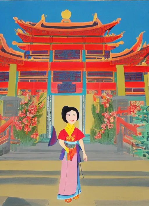 Prompt: mulan in front of chinese temple, by mary blair