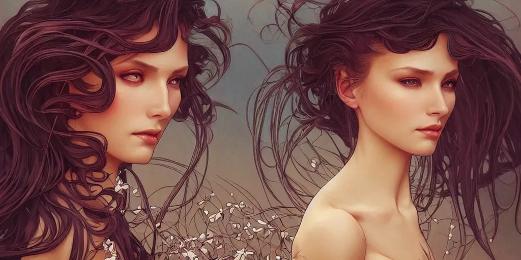 Image similar to beautiful woman is turning into an angel, dark surrealism, intricate, elegant, highly detailed, artstation, concept art, smooth, sharp focus, illustration, art by artgerm and moebius and alphonse mucha