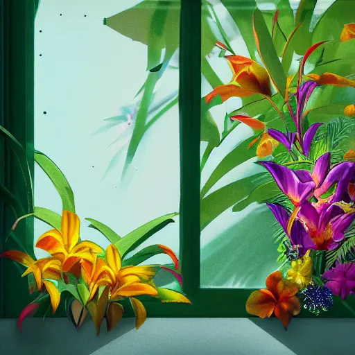 Image similar to a window full of tropical flowers, inside the window you can see the galaxy, trend in artstation, hdr, 8 k