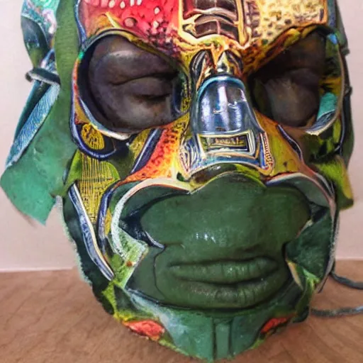 Image similar to MF DOOM mask, psychedelic colors