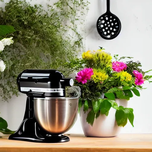 Prompt: a kitchenaid mixer overflowing with plants, flowers, twigs, and branches