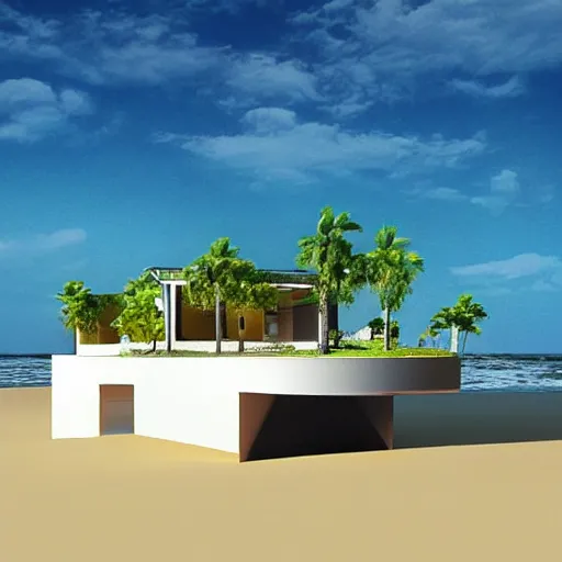 Image similar to “ a realistic model of a house floating on the beach, 8 k render designed by norman foster, high - tech design ”