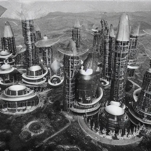 Image similar to old photograph from a strange alien city, organic buildings