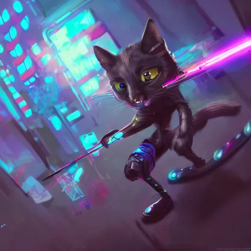 Prompt: cute modern cyberpunk cat fighting with a laser sword, full body, artstation, highly detailed, colorfull, digital painting, deep focus, sharp, smooth, rossdraws, dinamic lighthing, cinematic, hd wallpaper