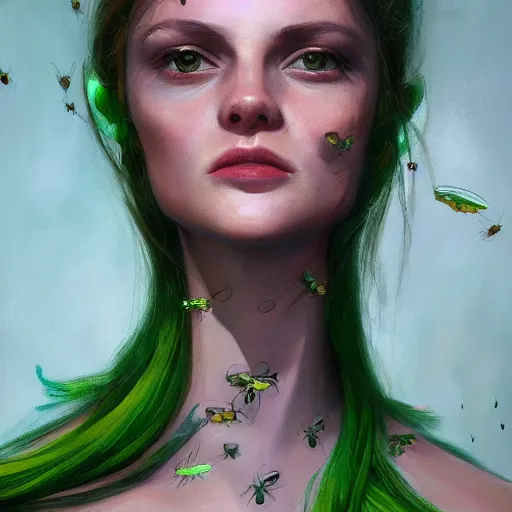 Image similar to a portrait of an intensely lit monstruous insect girl modeling, green, oil painting, pale colors, high detail, 8 k, wide angle, trending on artstation,