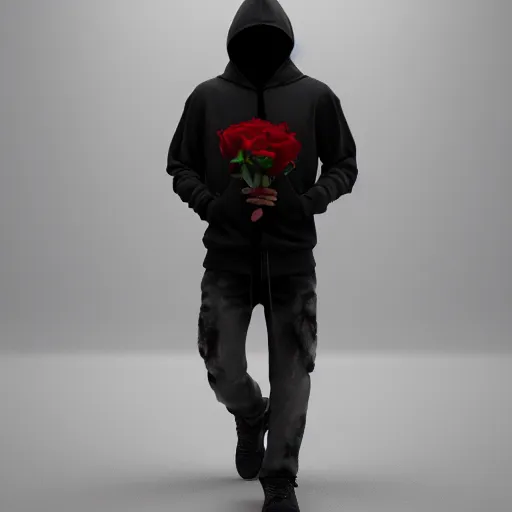 Image similar to wolf like a human, dressed black hoodie, holding red rose in hand, trending on ArtStation, octane render, blender, 8k,