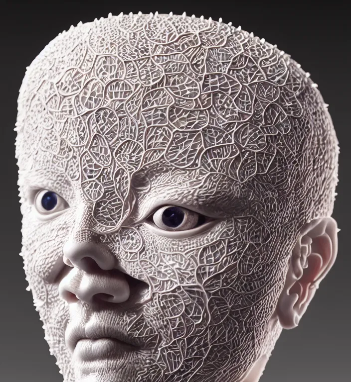 Image similar to Sting , A Close up photo-real delicate ceramic porcelain sculpture of a symmetrical ornate detailed in front of an intricate background by Victo Ngai and takato yamamoto, micro detail, backlit lighting, face in focus, subsurface scattering, translucent, thin porcelain, octane renderer, colorful, physically based rendering, japanese pottery, trending on cgsociety