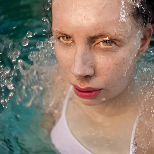 Prompt: a pale woman in water up to her shoulders, hair glowing and flowing, evil eyes, 4k telephoto lens,