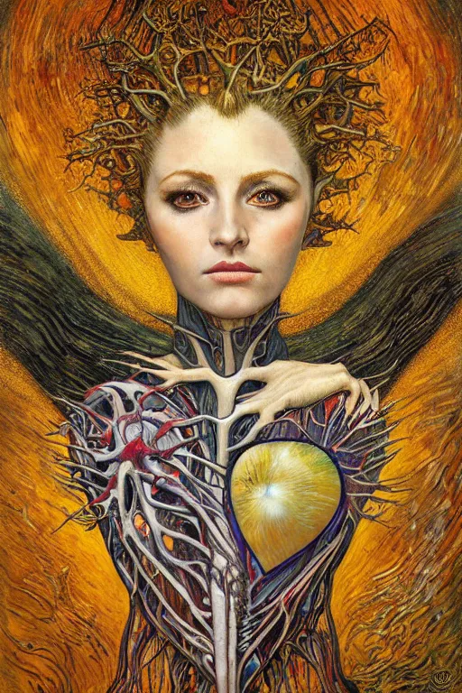 Prompt: Heart of Thorns by Karol Bak, Jean Deville, Gustav Klimt, and Vincent Van Gogh, portrait of an anatomical heart, sacred heart, Surreality, otherworldly, infernal enigma, Helliquary, fractal structures, celestial, arcane, ornate gilded medieval icon, third eye, spirals, dramatic sharp thorns, rich deep moody colors