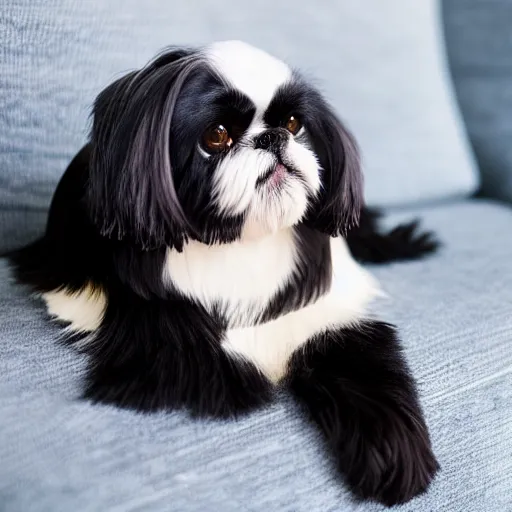 Prompt: a black shih tzu laying on a couch