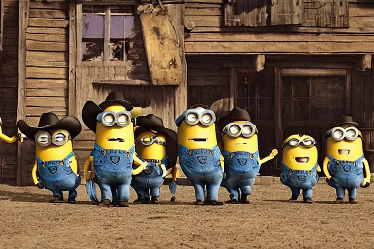 Image similar to minion cowboy saloon shootout, 3 5 mm scene from a western movie, 1 9 8 6, color