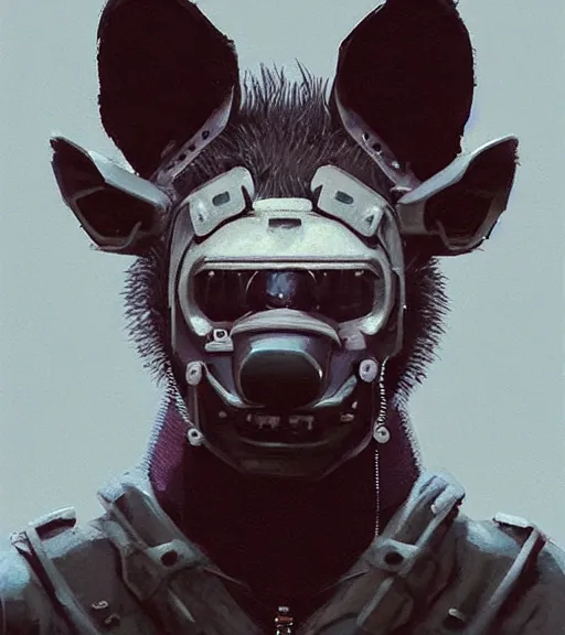 Image similar to new york city portrait icon of furry anthro anthropomorphic spotted hyena head animal person fursona wearing clothes strange cybernetic metal muzzle gloomy rainy screenshot from the video game cyberpunk 2077 digital art by Greg Rutkowski, Simon Stalenhag, christopher nolan trending on Artstation, CGSociety