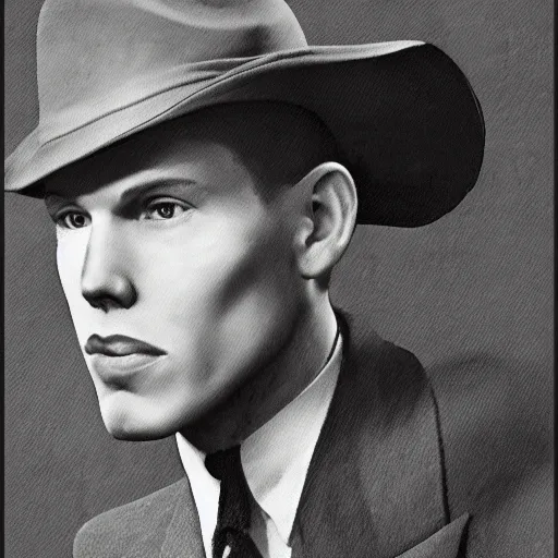 Image similar to A photograph portrait of Jerma985 wearing a suit with and fedora in the 1940s, taken in the early 1940s, grainy, taken on a 940s Kodak Camera, realistic, hyperrealistic, very realistic, highly detailed, very detailed, extremely detailed, detailed, digital art, trending on artstation