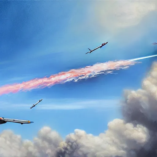 Image similar to a group of rockets taking off in the sky, realistic painting, high definition, digital art, matte painting, very detailed, realistic