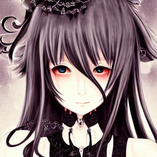 Image similar to beautiful illustration of anime maid, stunning and rich detail, pretty face and eyes. Gothic style, clear and perfect anatomy