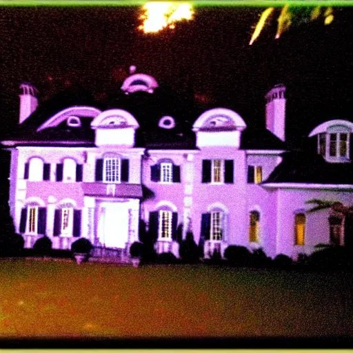 Prompt: A very low quality nokia picture with flash on of a mansion at night, 2007 blog, low quality