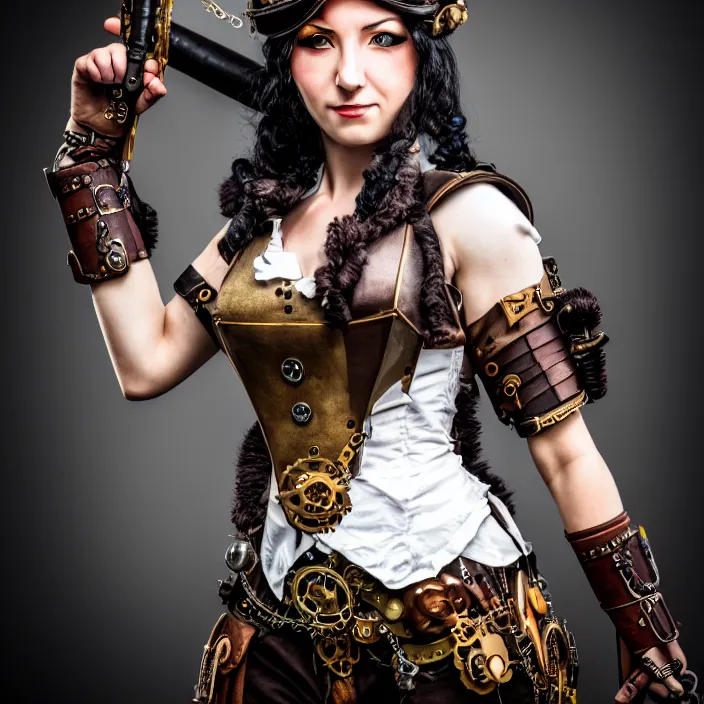 Image similar to professional photograph of a beautiful! female steampunk warrior. Extremely detailed. 8k