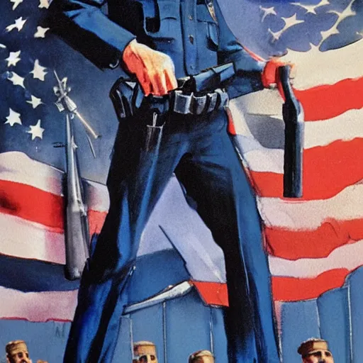 Image similar to photorealistic picture, by bob peak and alex ross, police recruitment poster, gouache and wash paints, fine details, fine intricate, fine facial proportionate, fine body proportionate, fine fix broken line, fine fix duplicate line, smooth focus, sharp details, bokeh, 4 k, fine 5 k details