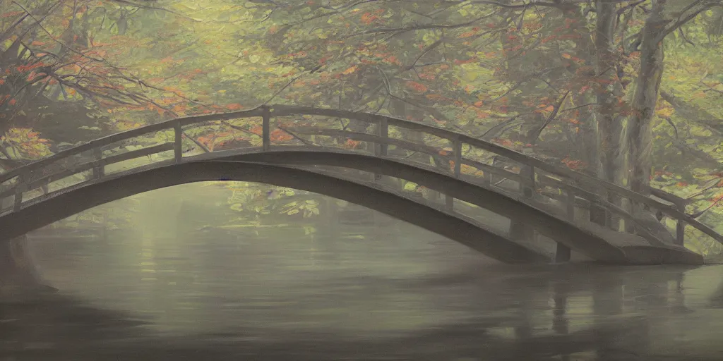 Image similar to Japanese footbridge, cinematic lighting, detailed oil painting, hyperrealistic, 8k