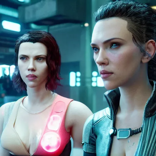 Image similar to scarlett johansson and winona rider in Cyberpunk 2077. CP2077. 3840 x 2160