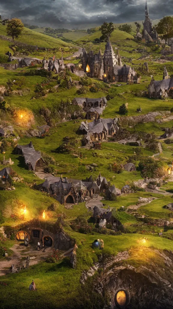 Image similar to a beautiful wide shot of hobbiton, middle earth, alan lee, fromsoftware, elden ring, dark souls, bloodborne, dark fantasy, realistic, highly detailed, 8 k, volumetric lighting, sinister lighting, detailed terrain, concept art, matte painting