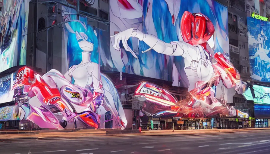 Image similar to billboard advertisement with an extremely beautiful photo of a white marble statue of an anime girl with colorful motocross logos and motorcycle helmet with closed visor, colorful smoke in the background, carved marble statue, fine art, neon genesis evangelion, virgil abloh, offwhite, denoise, highly detailed, 8 k, hyperreal