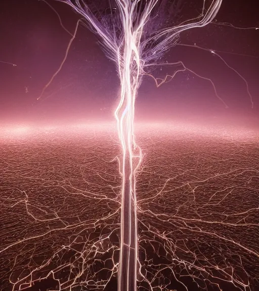 Image similar to surreal neuron city tower, only a flash of light breaking the waves, made of crystalized synapse, aerial iridecent bloodveins, moonbow, in the desert, foggy sky, dark starry night, octane render, unreal engine, pale colors, high detail, 8 k, wide angle, trending on artstation, behance