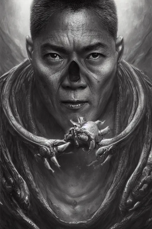 Prompt: realistic portrait beautiful detailed matte painting of cinematic movie scene jet li mutate intotardigrade. horror, created by gustave dore and greg rutkowski, high detailed, smooth draw, synthwave neon retro, intricate, realistic proportions, dramatic lighting, trending on artstation.