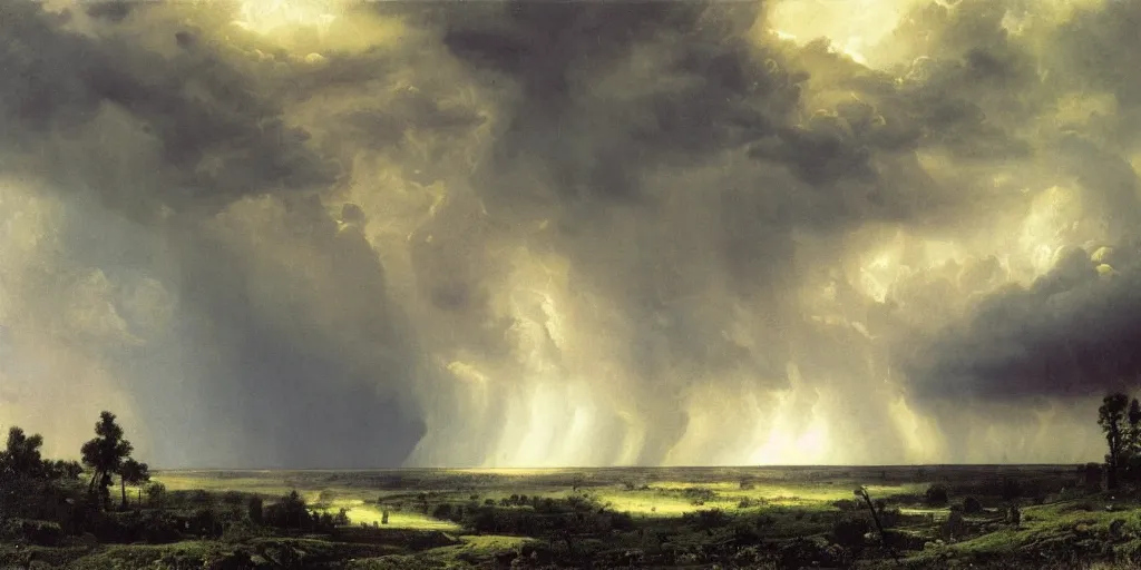 Image similar to an immense storm fills the sky, the ground shatters cataclysmicly, Ivan Shishkin and John Martin