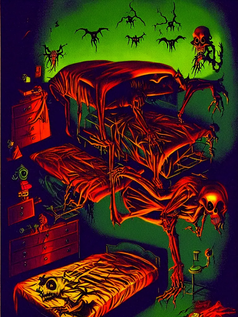 Prompt: Vibrant Colorful Vintage Horror Illustration of a Creature under the bed. Glowing , Spooky lighting. Tim Jacobus Style, Pinterest