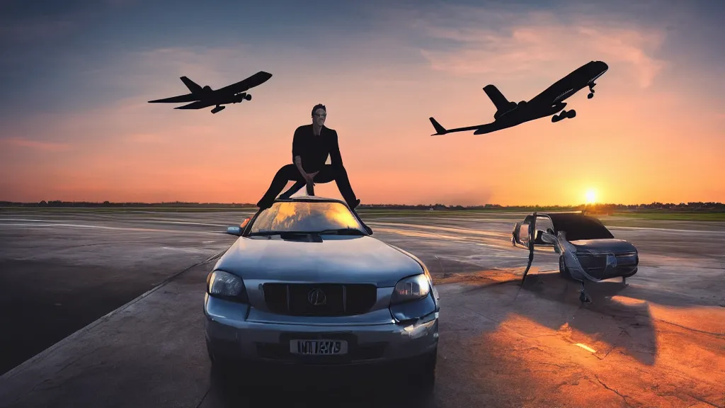 Prompt: movie still of a man crouched on top of a car which is chasing a passenger jet down the runway of an airport, sunset, golden hour, dramatic