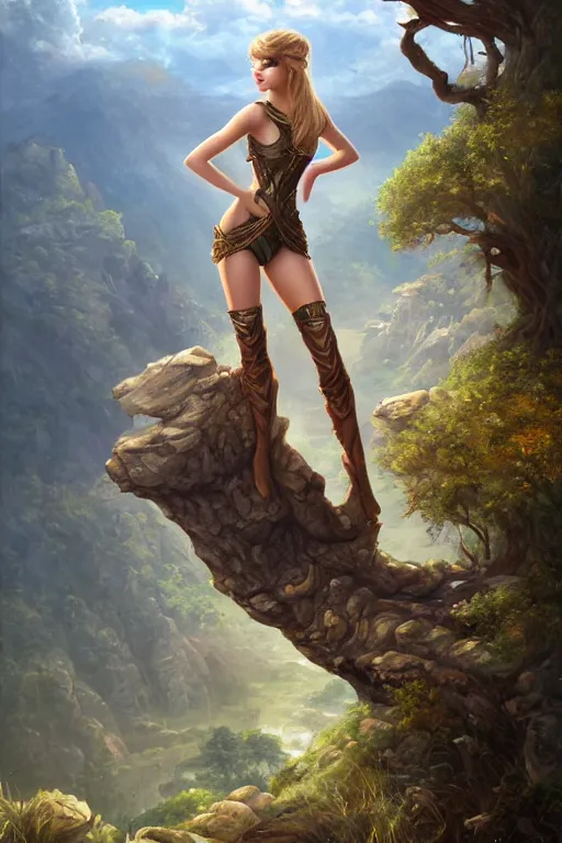 Image similar to alluring illustration taylor swift, sitting on the edge of a cliff overlooking a forested valley, clothed in a chesty fantasy outfit, 8k resolution matte fantasy painting, cinematic lighting, DeviantArt, Artstation, Jason Felix Steve Argyle Tyler Jacobson Peter Mohrbacher