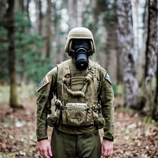 Prompt: a Fox dressed in a modern American military soldier uniform with gas mask, 85mm f/1.4