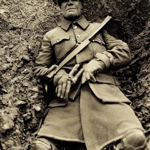 Prompt: Thanos as a soldier, ww1 trench, war photo, film grain