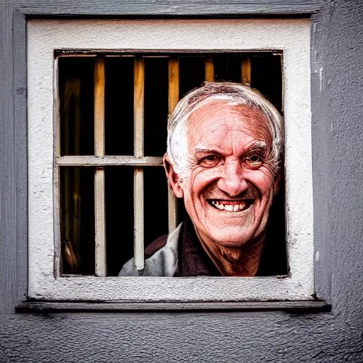 Prompt: an unseen smiling old man seen through a window