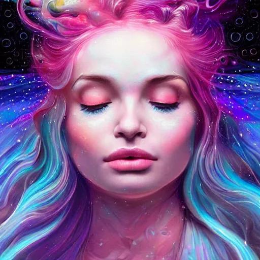 Image similar to a galaxy pink purple and blue colored, psychedelic ethereal portrait, kim petras with her eyes closed, transcending to a higher plane of existence, eternal blessing, multiverse, by android jones, by ben ridgeway, visionary art, by artgerm, featured on artstation, cgsociety, by greg rutkowski