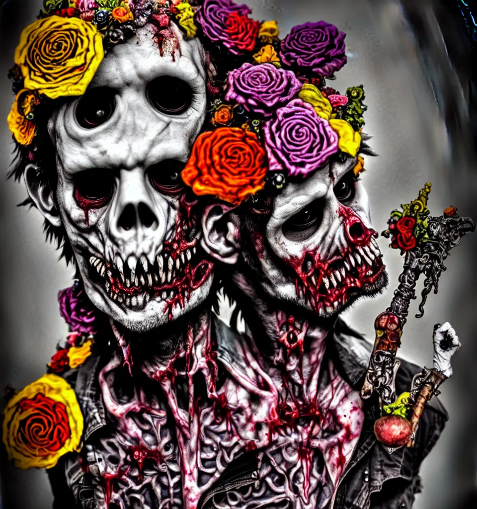 Prompt: zombie, punk rock, young male, bearded, multicolored faces, fruit and flowers, gemstone eyes, botanical, vanitas, sculptural, baroque, rococo, intricate detail, spiral, ornamental, kaleidoscopic, soft, elegant, beautiful